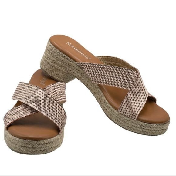 NorthStyle Espadrille Sandals Slip-on Block Heel Criss-Cross Pink Gold Size 37 - Picture 12 of 12